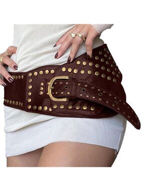 Brown Wide Studded Vegan Leather Belt Waist Cinch Belt Antique Style Gold Buckle